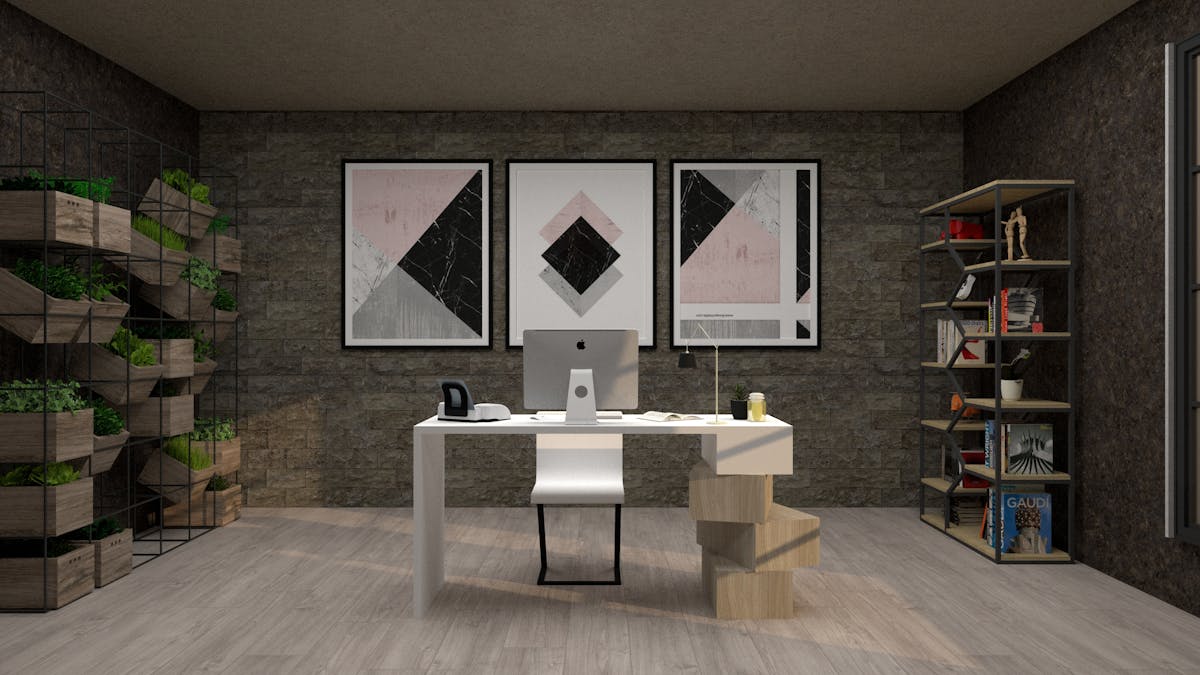 Office decor with art and plants illustrating the bagua and wealth area in a feng shui office layout Elegant office with minimalist decor, artwork and greenery, illustrating feng shui office decor and the bagua