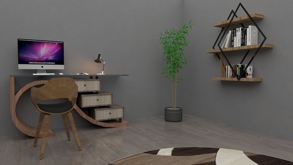 Minimalist desk illustrating the best direction to face in a feng shui office layout Modern minimalist home office with a sleek desk and plant, illustrating the best feng shui desk facing direction