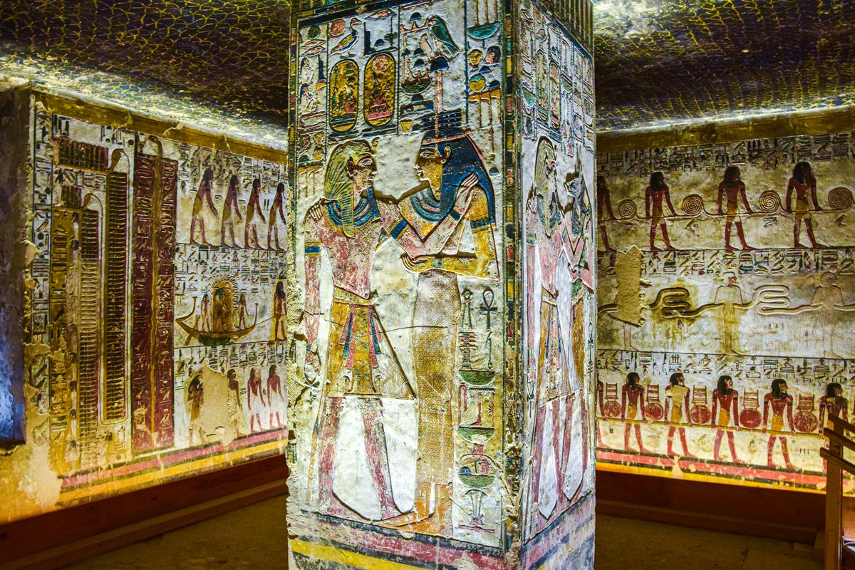 Ornamented interior of the Tomb of Seti I depicting ancient Egyptian funerary art and Ka theology in the Valley of the Kings Detailed wall paintings in the Tomb of Seti I in Egypt's Valley of the Kings showing the ornate funerary art connected to Ka theology and afterlife rituals