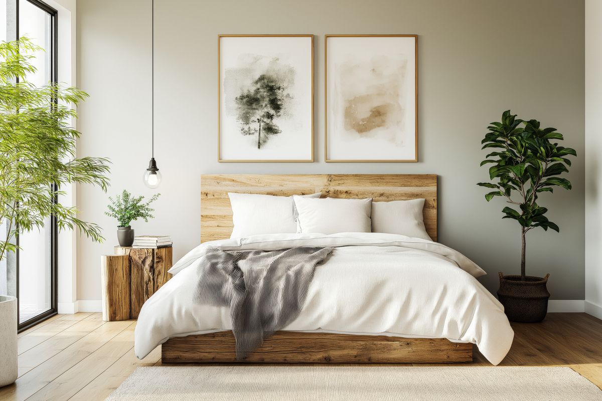 Bedroom with wood tones and plants illustrating feng shui colors and the five elements Serene modern bedroom with natural wood tones and green plants, illustrating feng shui colors and the five elements