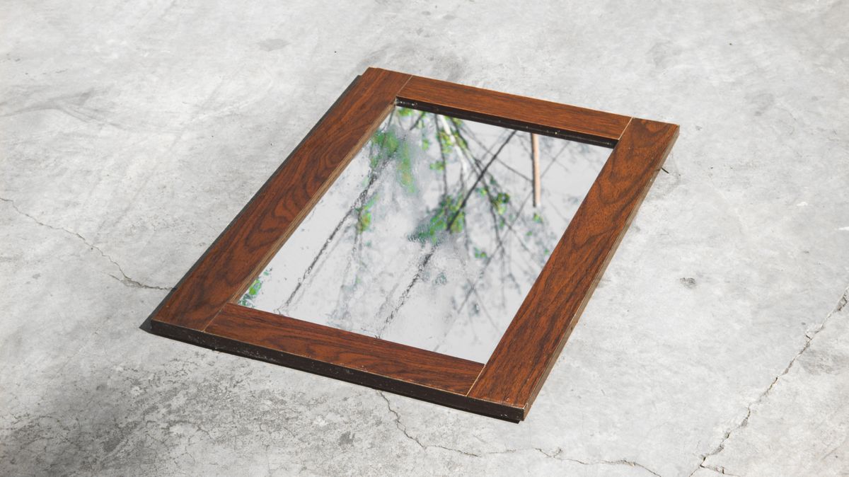 Wooden framed mirror reflecting a clear scene illustrating how glass quality affects a full length mirror Wooden framed mirror reflecting an outdoor scene, illustrating how mirror glass quality affects reflection